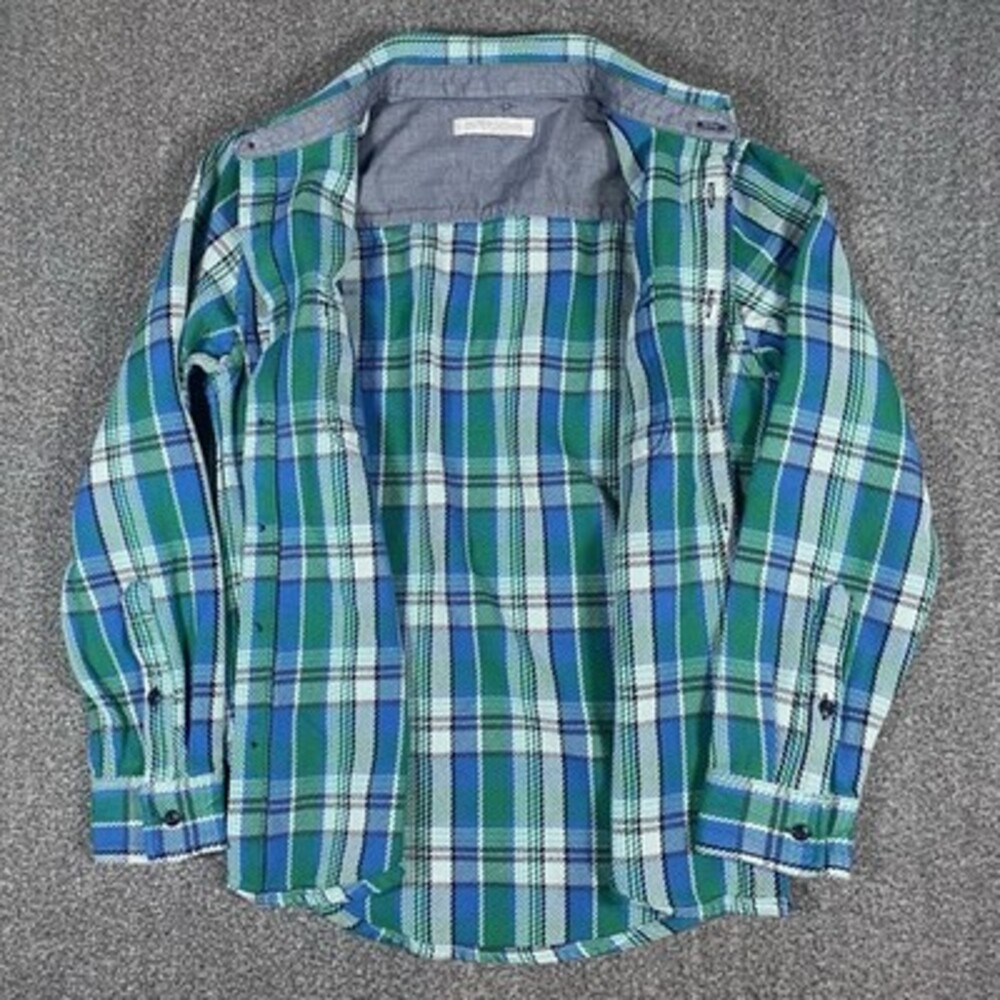 Outerknown Mens M Flannel Plaid Blanket Shirt Blue Green Heavy Shacket Button Up - Picture 11 of 14